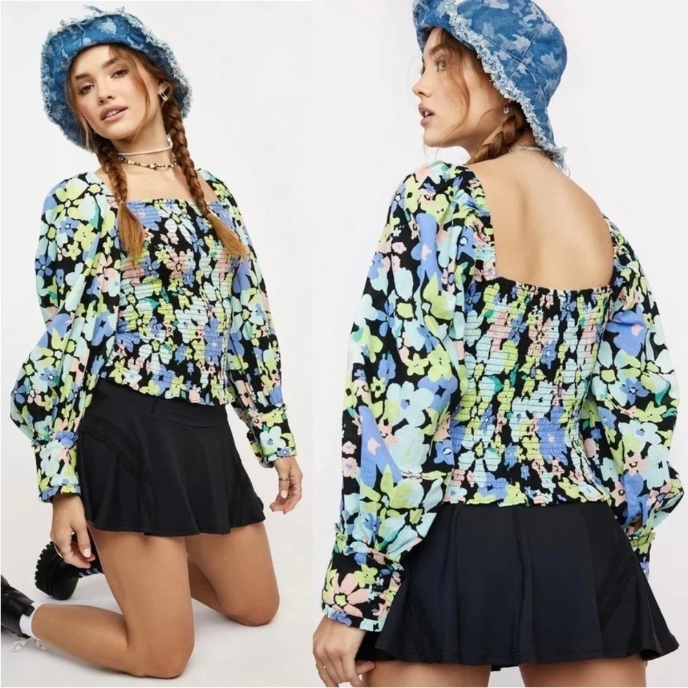 Free People Ariana Floral Retro Combo Balloon Sleeve Smocked Blouse Size Large
